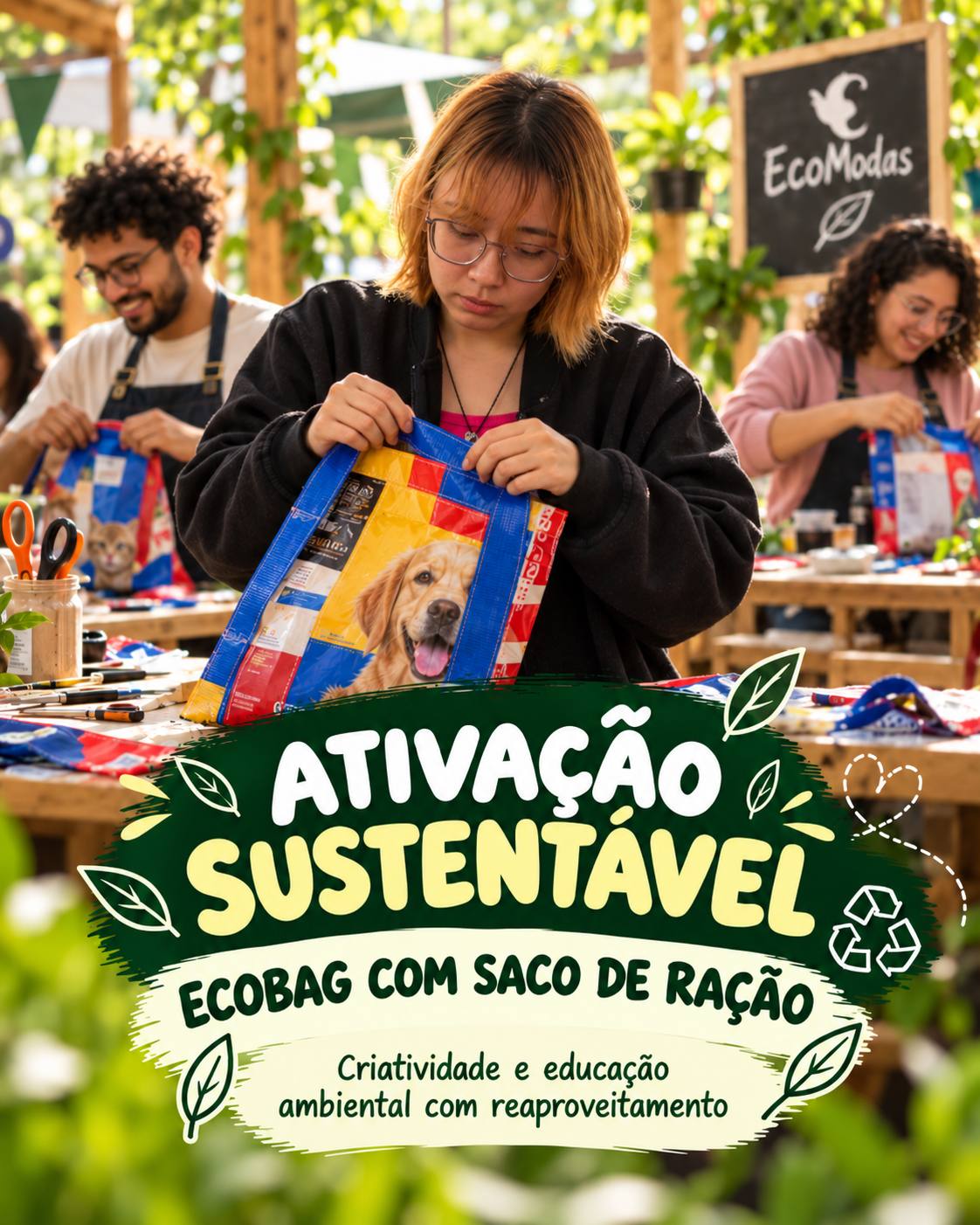 Oficina de ecobag com saco de ração